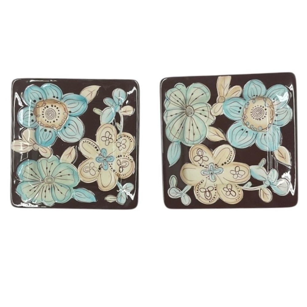 Pier 1 Imports Cassidy Set of Two Floral‎ Earthenware Square Dessert Salad Plate
